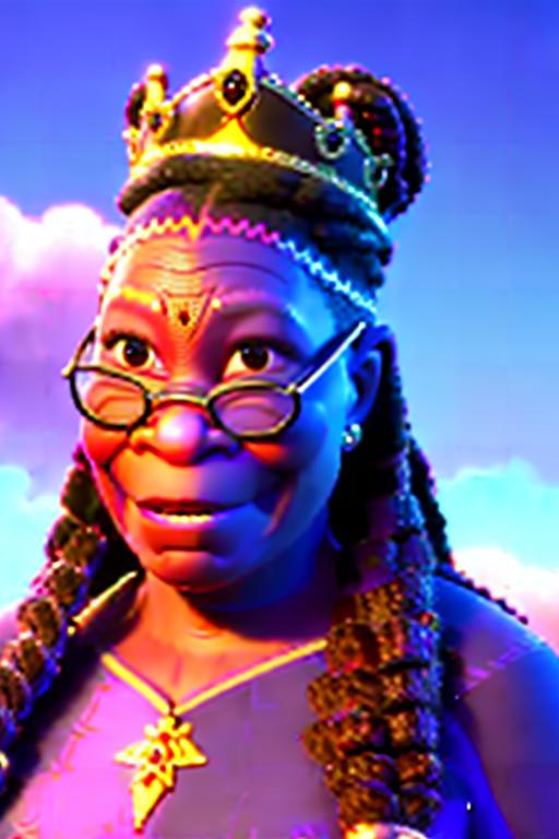 00812-2720214906-(modern disney style_1.25), ((Whoopi Goldberg as a princess)), ((((dark skin, nubian, ebony)))), crown, ((pink dress)).png